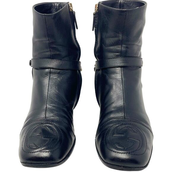Gucci‎ Boots GG Logo Monogram Western Chain Black Leather Ankle Booties Shoe 6.5 - Picture 4 of 13